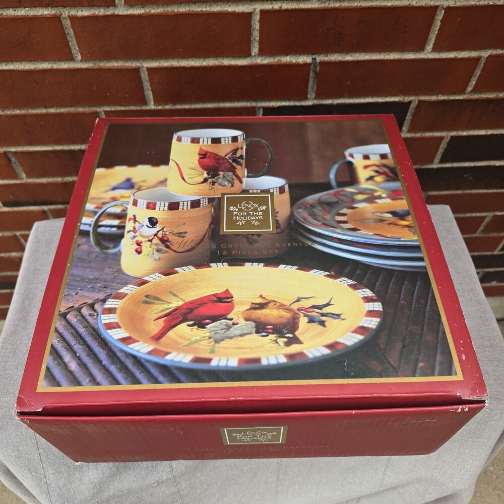New Lenox Winter Greetings Cardinal 12‑Piece Dinnerware Set In Box Holiday Set